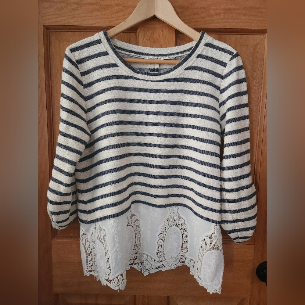 Blu Pepper Medium Denim blue and white striped sweater top.